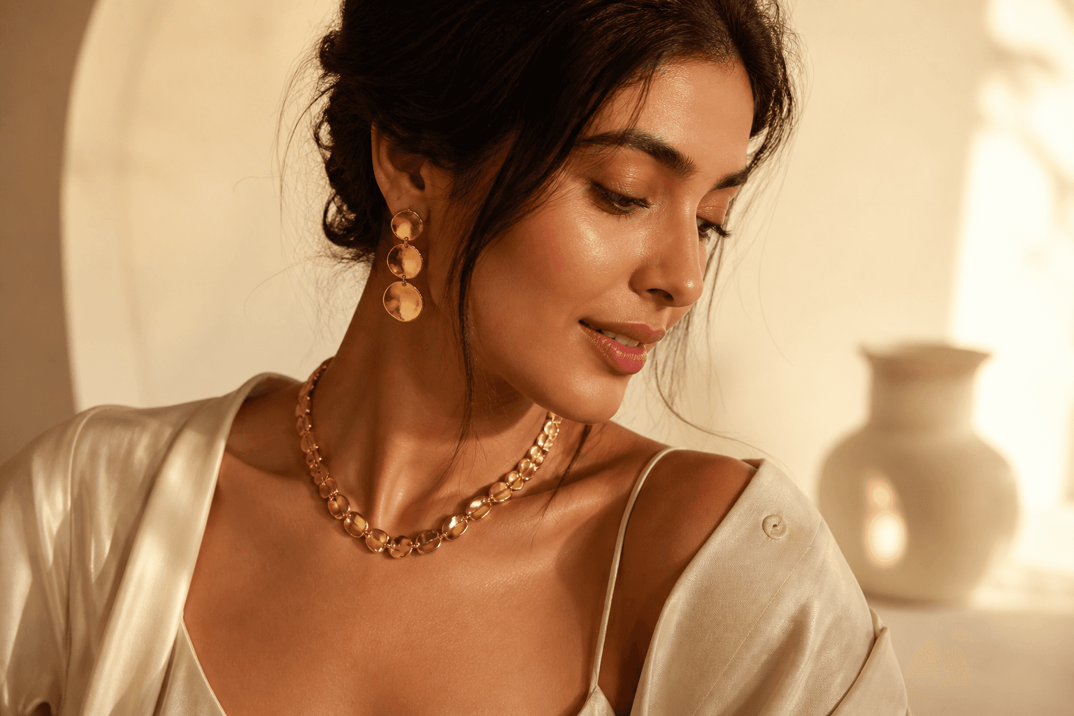 Woman wearing AAURIKAA jewellery in a soft editorial portrait